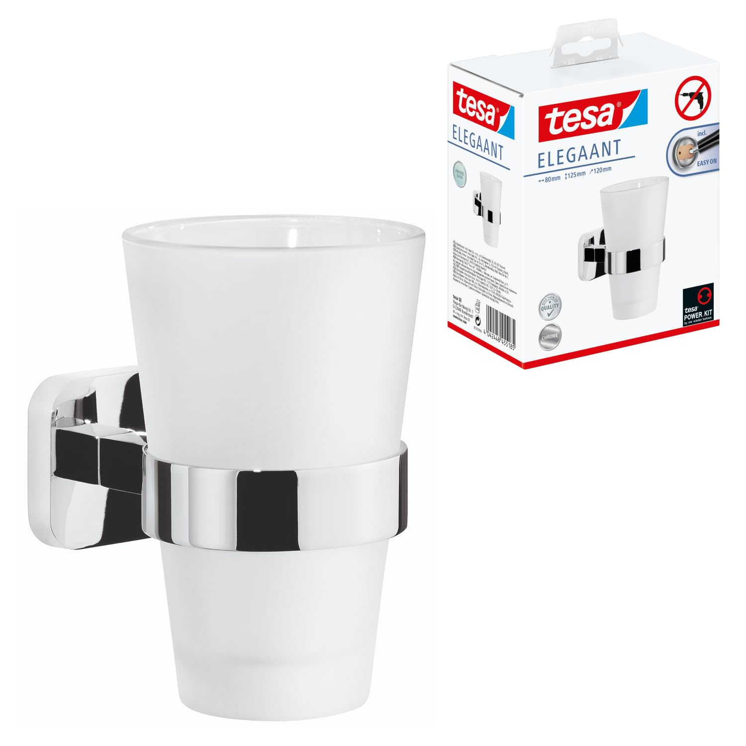 tesa-elegaant-zahnputzbecher-mit-halterung-milchglas-chrom-80-x-125-x-120-mm image 1