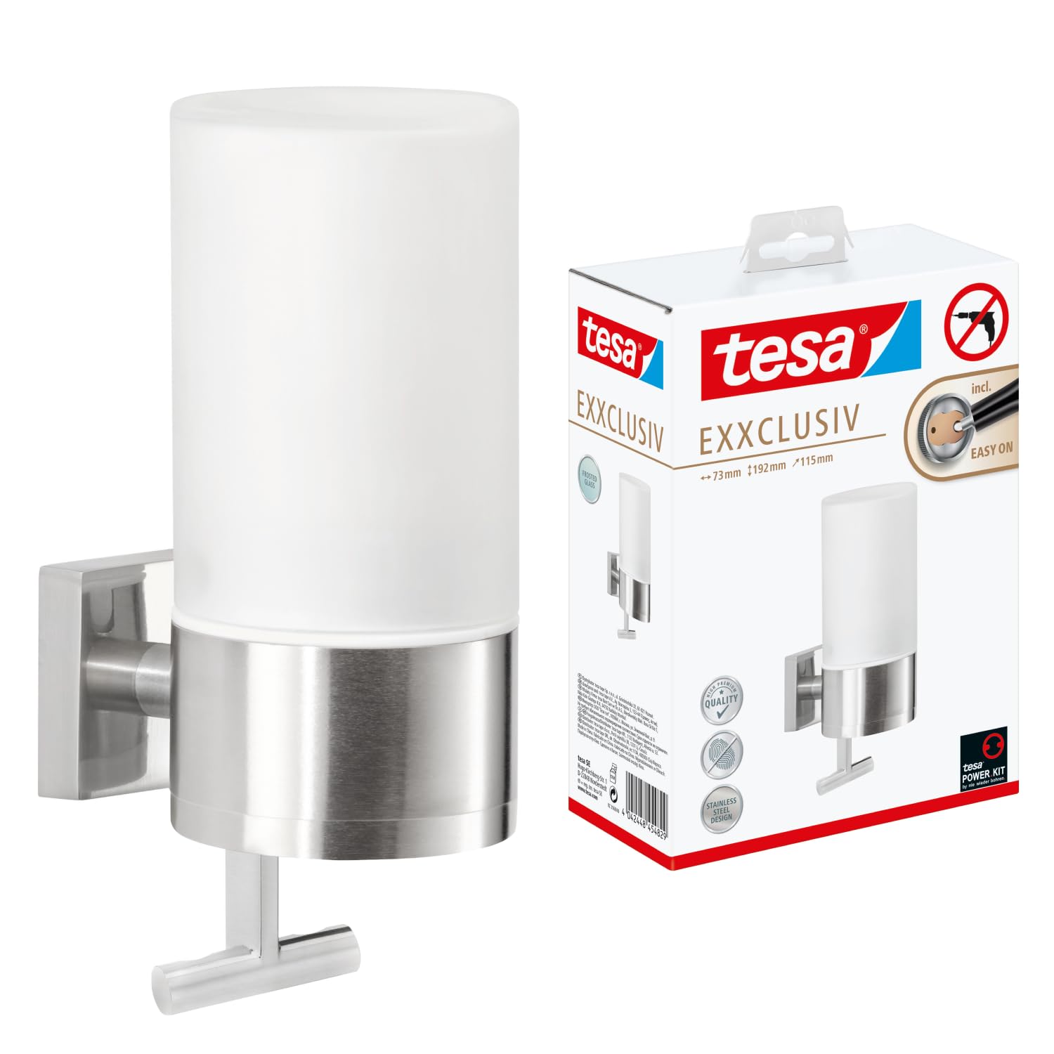 tesa-exxclusiv-seifenspender-set-230-ml-chrom-milchglas-ohne-bohren image 1