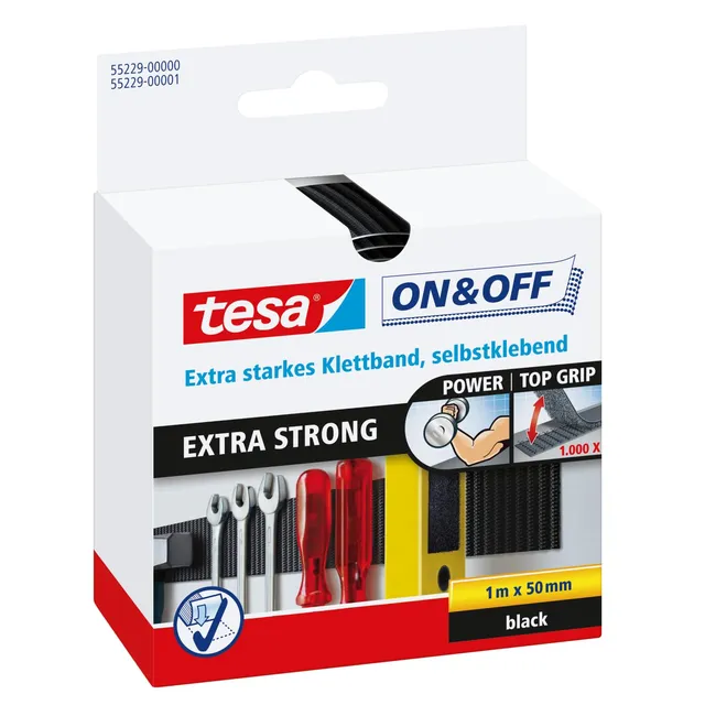 tesa-on-off-extrastarkes-klettband-selbstklebend-100-cm-x-5-cm-schwarz image 1