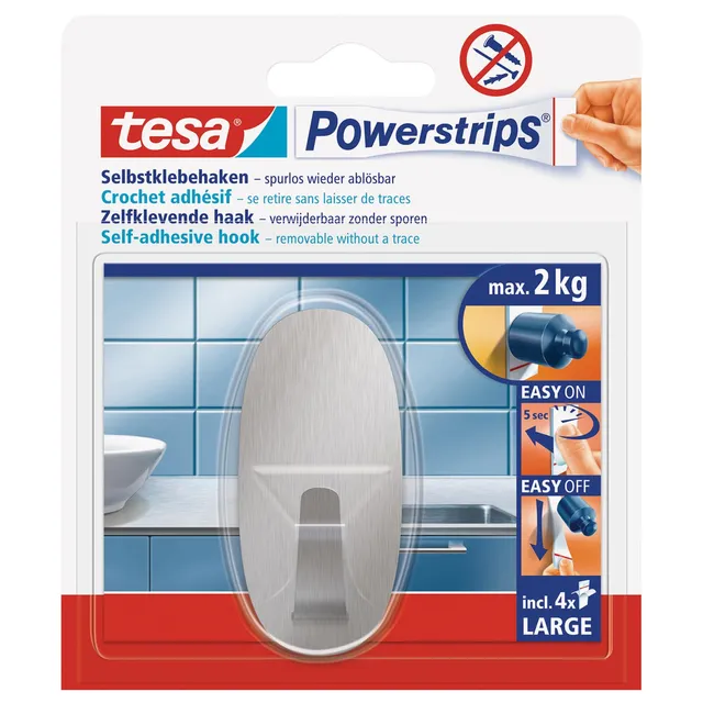 tesa-powerstrips-haken-large-metall-oval-geb-rsteter-edelstahl-2-kg image 1