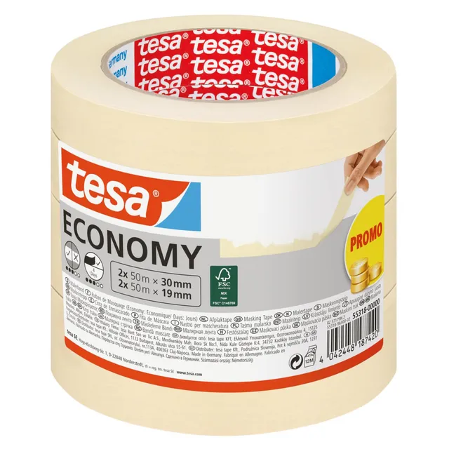 tesa-malerband-economy-abklebeband-4er-pack-2x-50-m-x-30-mm-2x-50-m-x-19-mm image 1