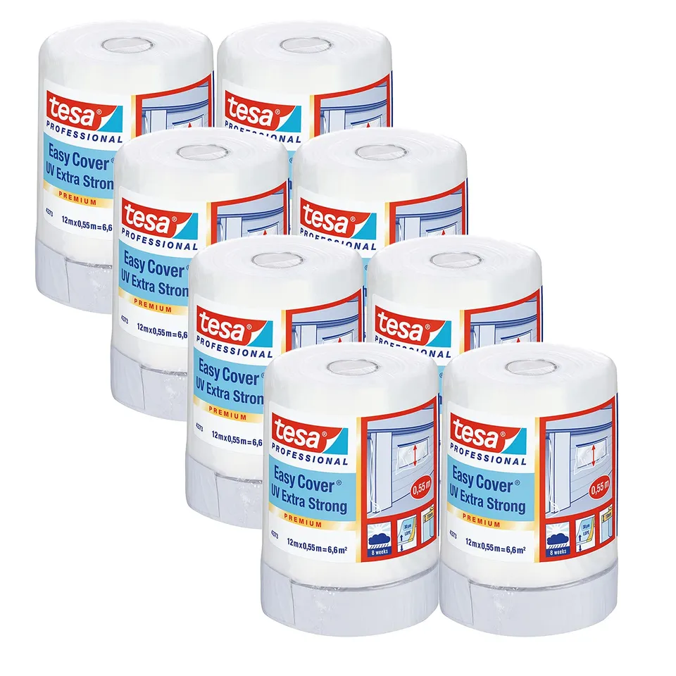 tesa-easy-cover-4373-uv-extra-stark-malerband-mit-folie-8er-pack-12-m-x-0-55-m image 1