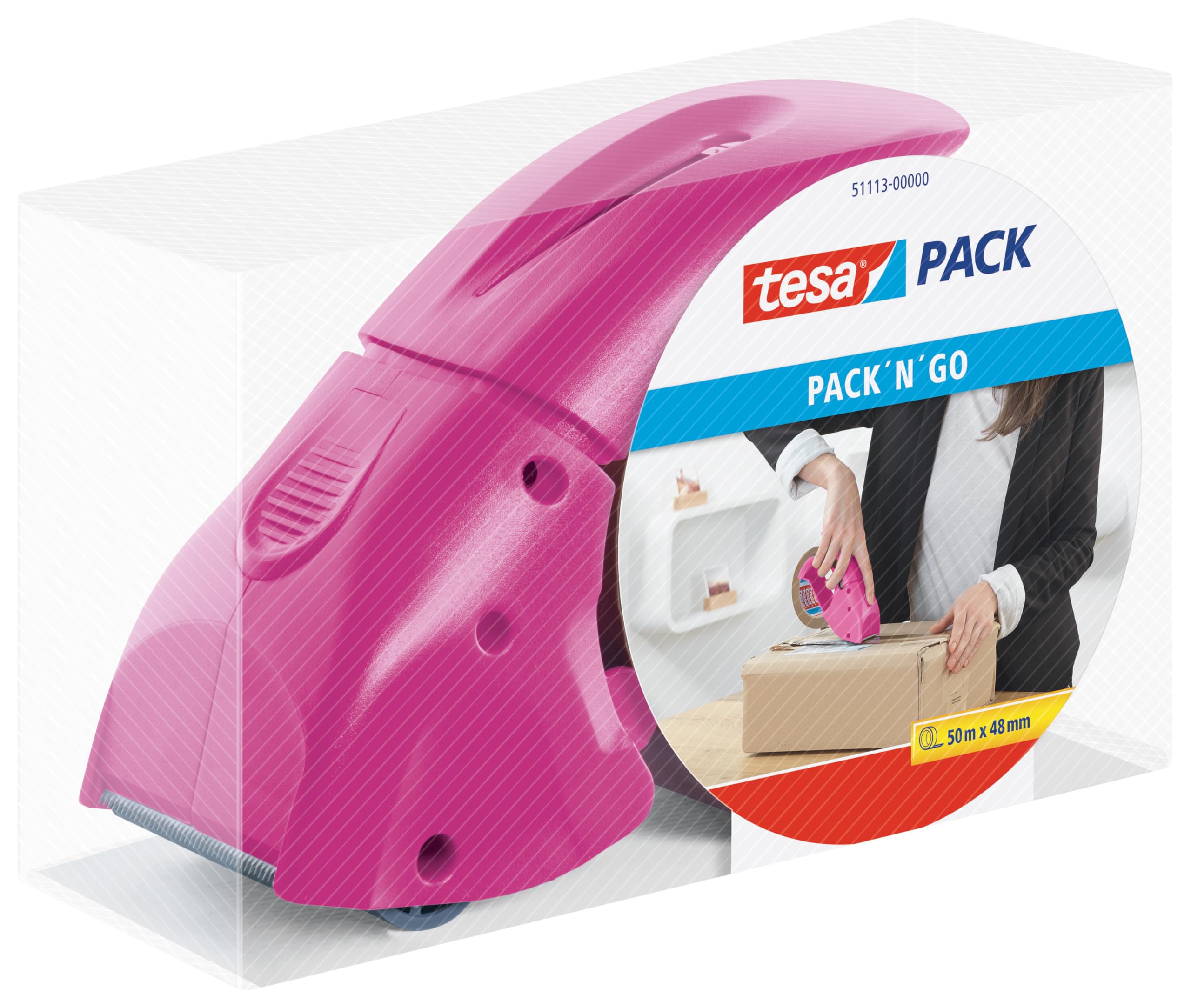 tesapack-pack-n-go-abroller-pink-inkl-paketklebeband-50-m-x-48-mm image 1