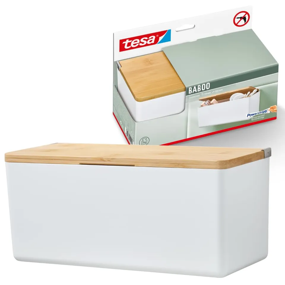 tesa-baboo-badorganizer-m-bad-aufbewahrungsbox-matt-wei-mit-bambus-deckel-242-mm image 1