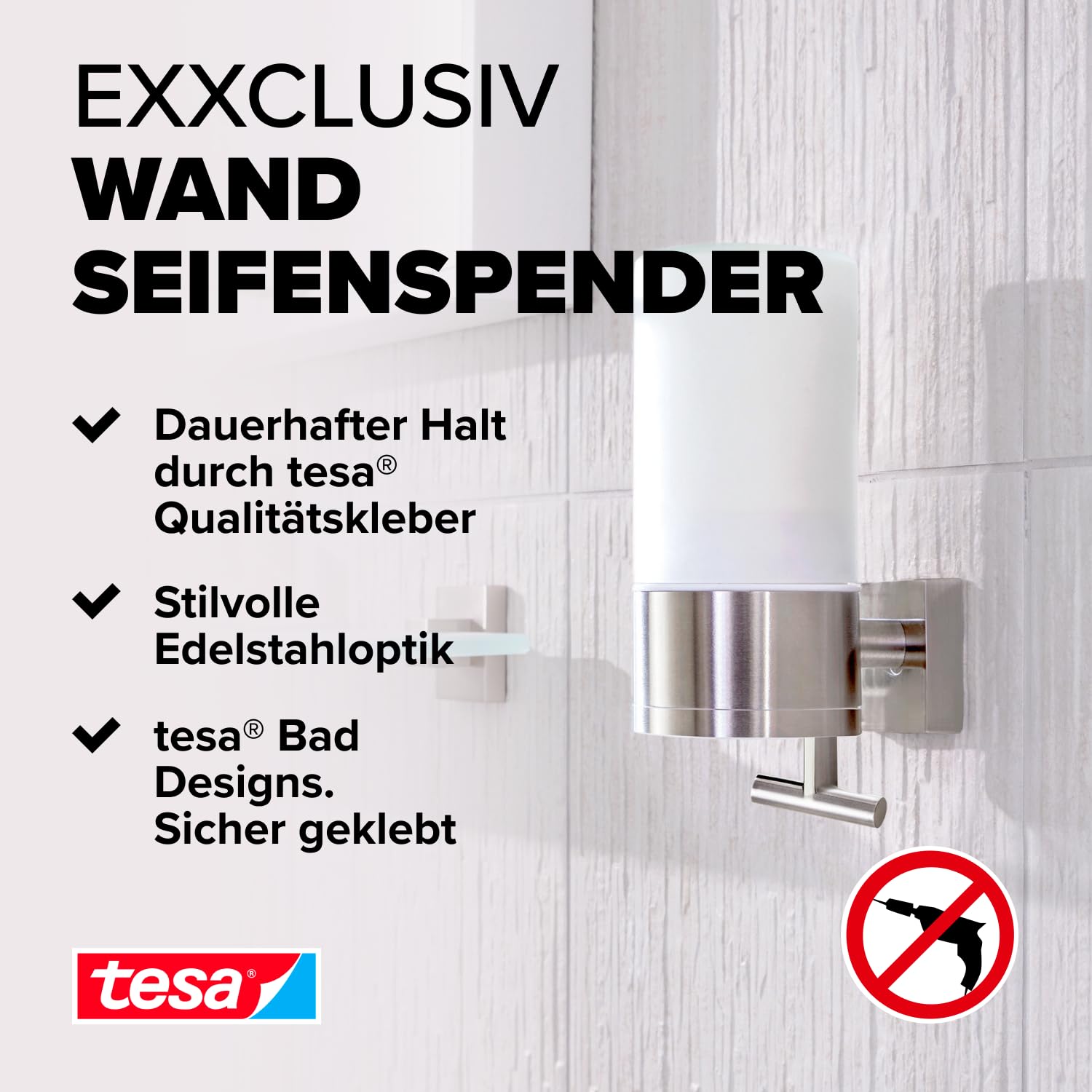 tesa-exxclusiv-seifenspender-set-230-ml-chrom-milchglas-ohne-bohren image 2