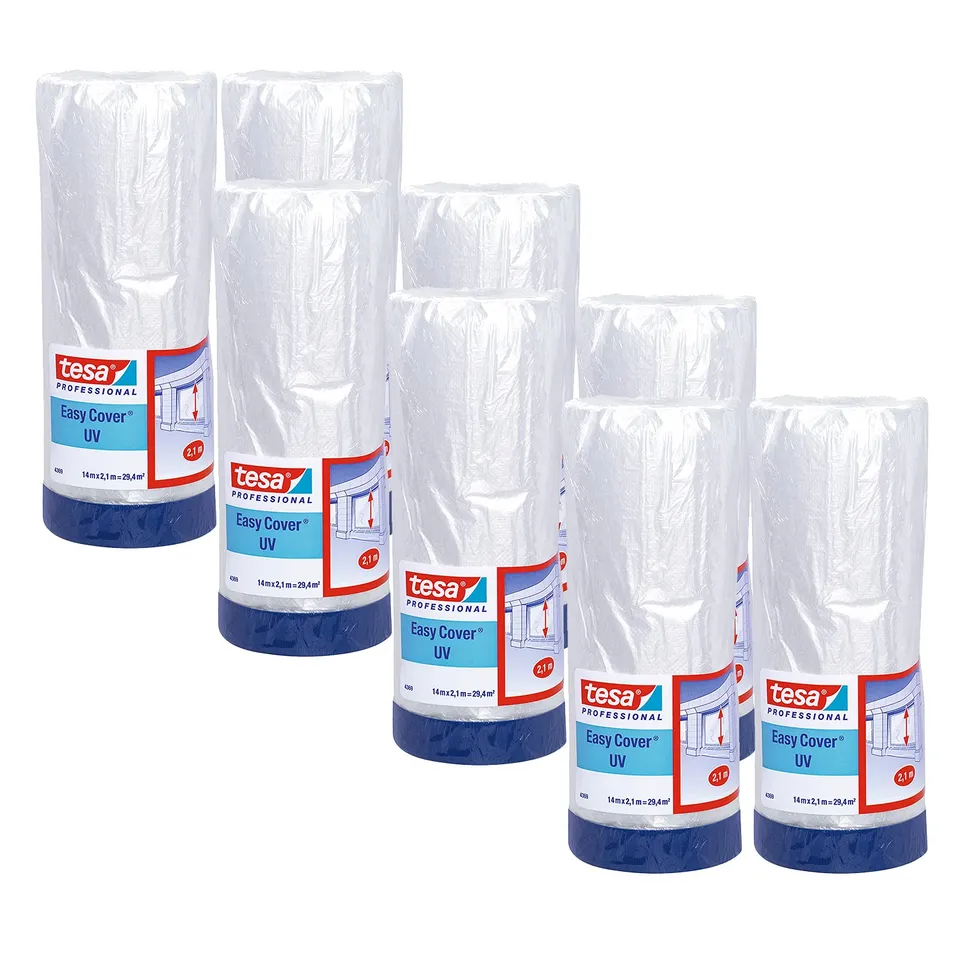 tesa-easy-cover-4369-uv-malerband-mit-folie-8er-pack-14-m-x-2-1-m-blau image 1