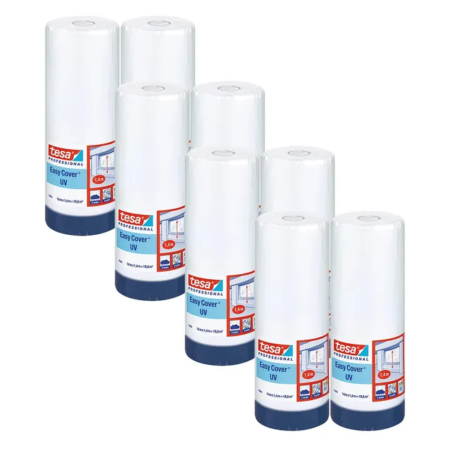 tesa-easy-cover-4369-uv-maler-abdeckfolie-mit-gewebeband-14-m-x-1-4-m-blau-8er-p image 1