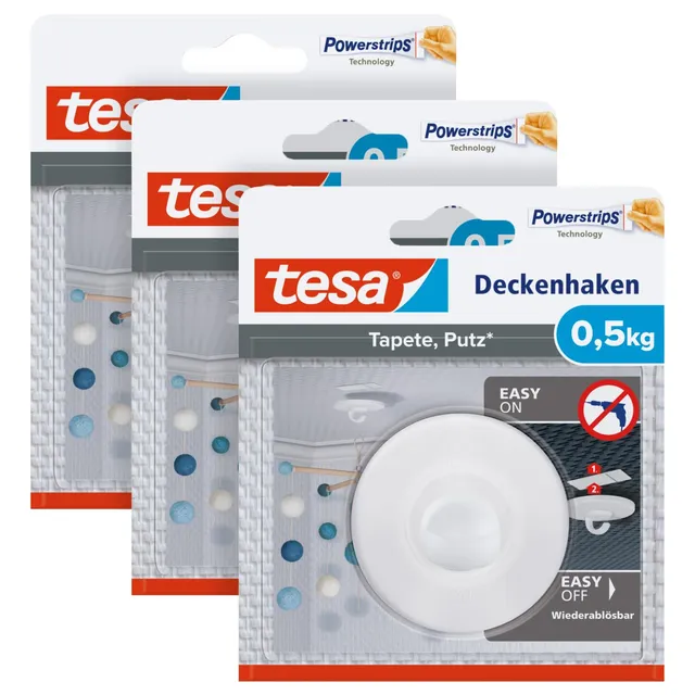 tesa-deckenhaken-tapeten-putz-0-5-kg-3-haken-inkl-powerstrips image 1
