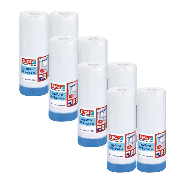 tesa-easy-cover-4411-uv-pr-zision-malerband-mit-folie-33-m-x-1-4-m-8er-pack image 1