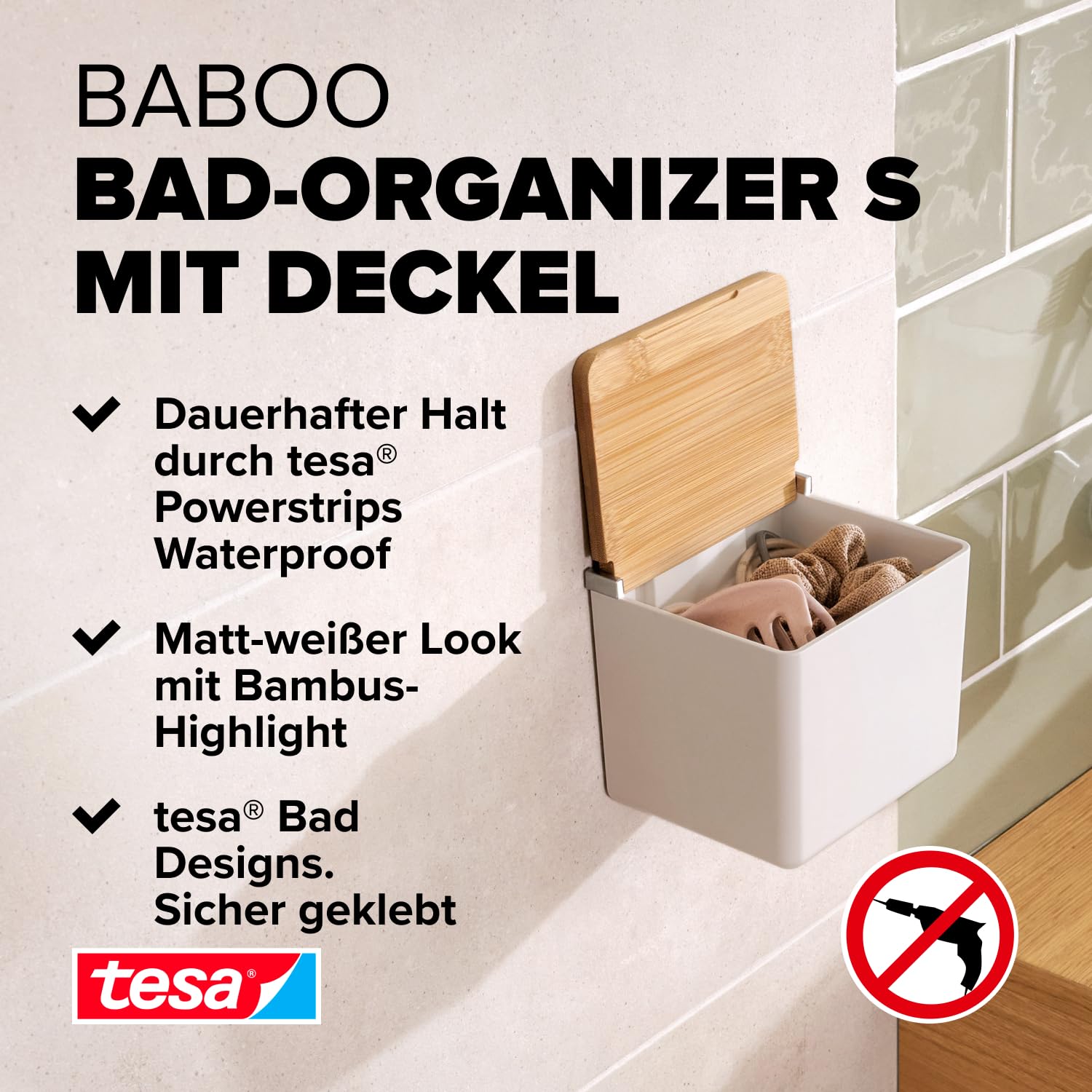 tesa-baboo-badorganizer-s-bad-aufbewahrungsbox-matt-wei-mit-bambus-deckel-122-mm image 2