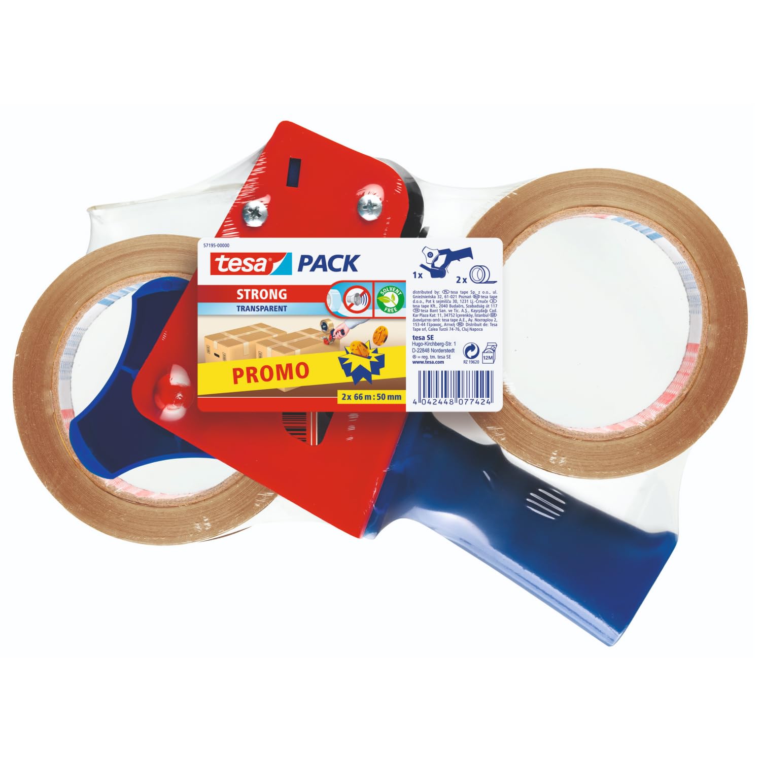 tesa-tesapack-strong-paketband-set-2x-transparent-66-m-x-50-mm-mit-handabroller image 1