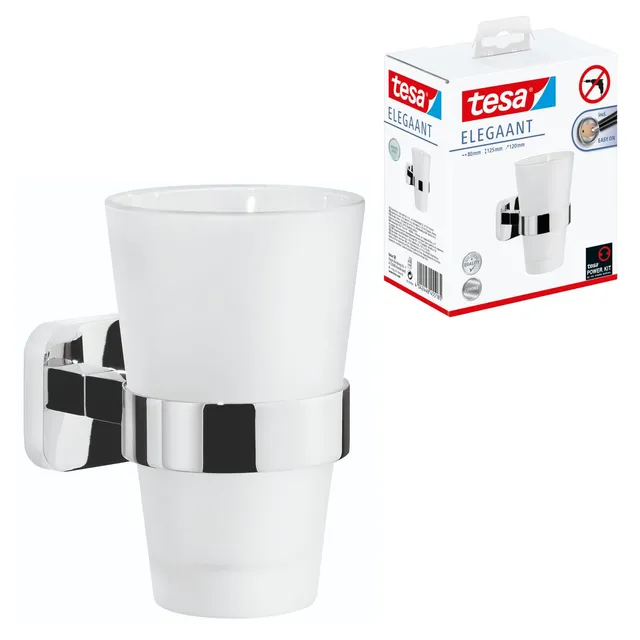 tesa-elegaant-zahnputzbecher-mit-halterung-milchglas-chrom-80-x-125-x-120-mm image 1