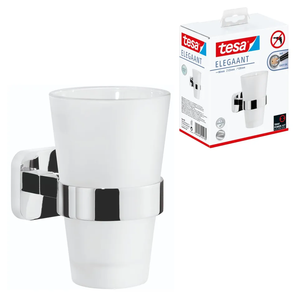 tesa-elegaant-zahnputzbecher-mit-halterung-milchglas-chrom-80-x-125-x-120-mm image 1