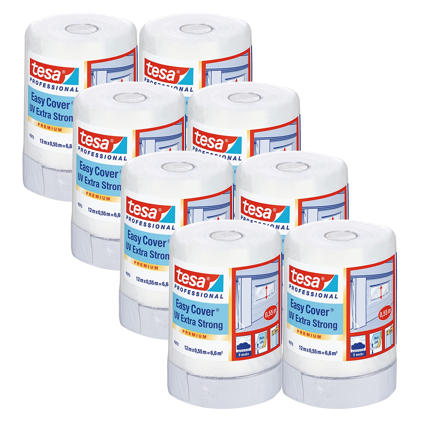 tesa-easy-cover-4373-uv-extra-stark-malerband-mit-folie-8er-pack-12-m-x-0-55-m image 1