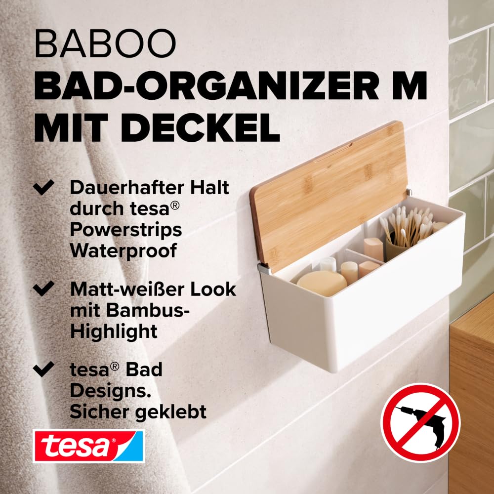 tesa-baboo-badorganizer-m-bad-aufbewahrungsbox-matt-wei-mit-bambus-deckel-242-mm image 2