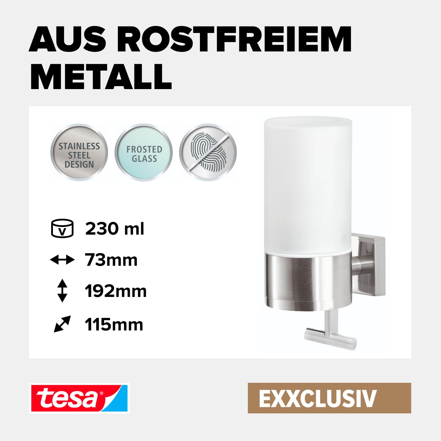 tesa-exxclusiv-seifenspender-set-230-ml-chrom-milchglas-ohne-bohren image 3