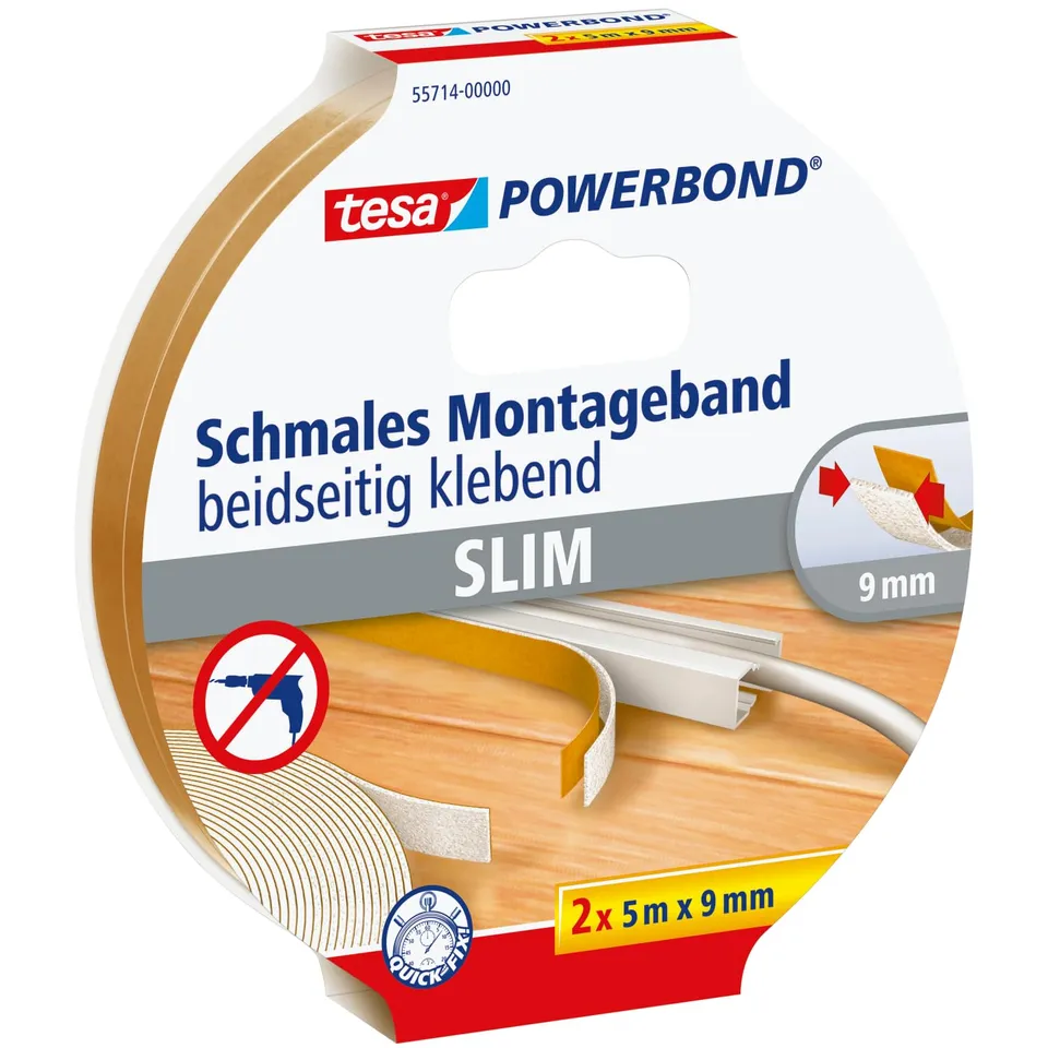 tesa-powerbond-montageband-schmal-schaumstoff-beige-2-rollen-5-m-x-9-mm image 1