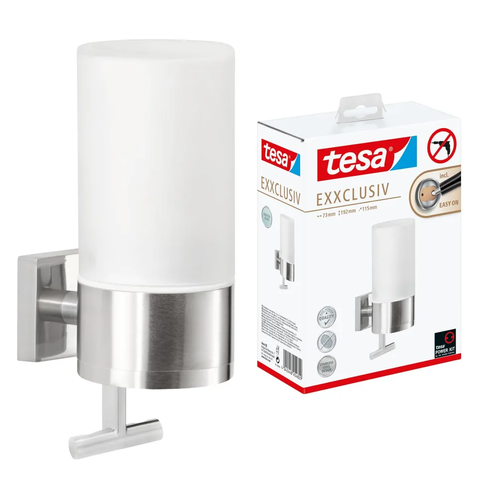 tesa-exxclusiv-seifenspender-set-230-ml-chrom-milchglas-ohne-bohren image 1