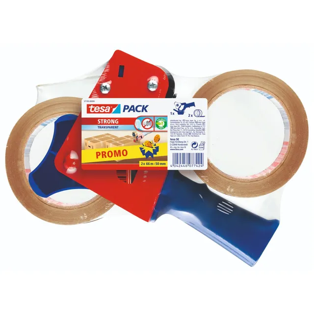 tesa-tesapack-strong-paketband-set-2x-transparent-66-m-x-50-mm-mit-handabroller image 1