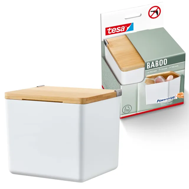 tesa-baboo-badorganizer-s-bad-aufbewahrungsbox-matt-wei-mit-bambus-deckel-122-mm image 1